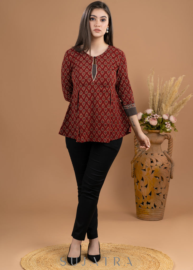 Maroon cotton Ajrakh combination top