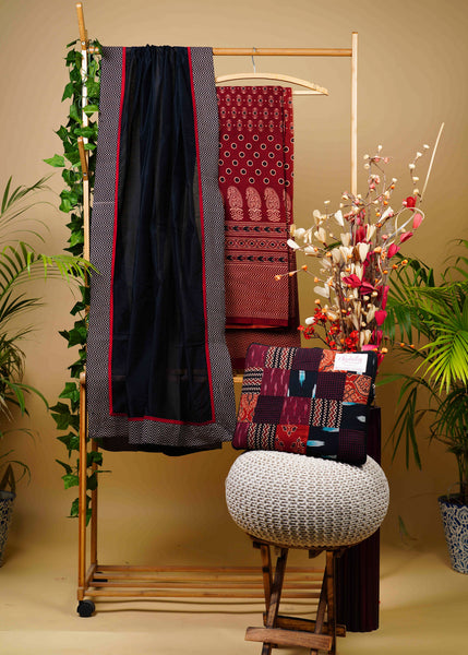 Exclusive Cotton Black and Maroon Combination Ajrakh Suit Set with Ajrakh botton and Chanderi Dupatta