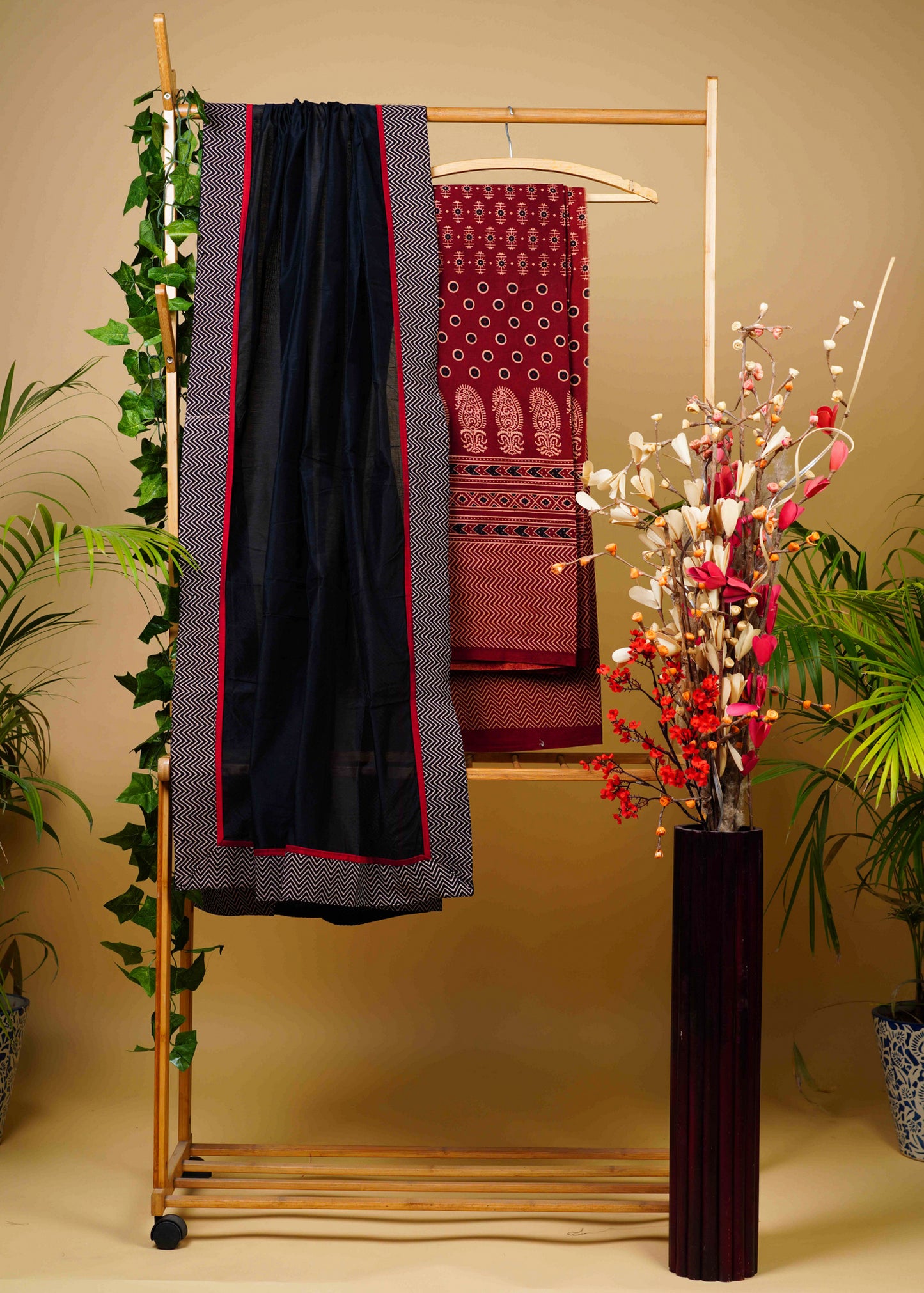 Exclusive Cotton Black and Maroon Combination Ajrakh Suit Set with Ajrakh bottom and Chanderi Dupatta