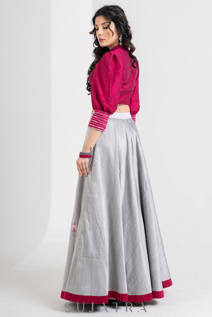 Stylish Grey Cotton Silk Lehenga with Magenta Cototn Silk Blouse & Net Dupatta