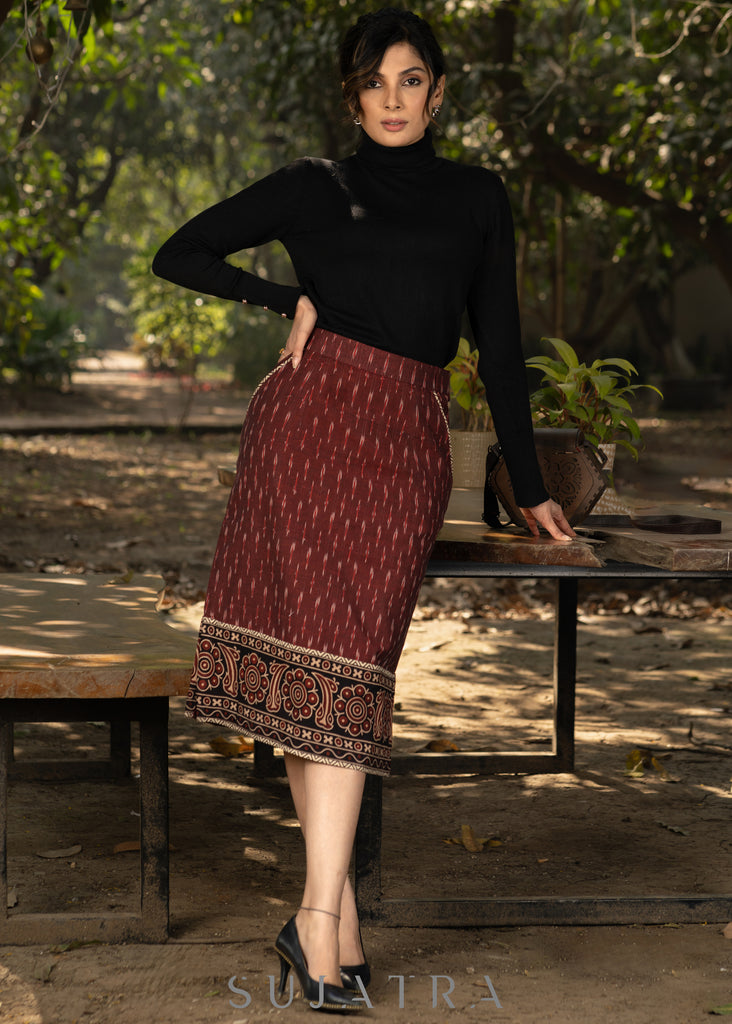 Stlyish maroon ikat fitted skirt with beautiful ajrakh combination