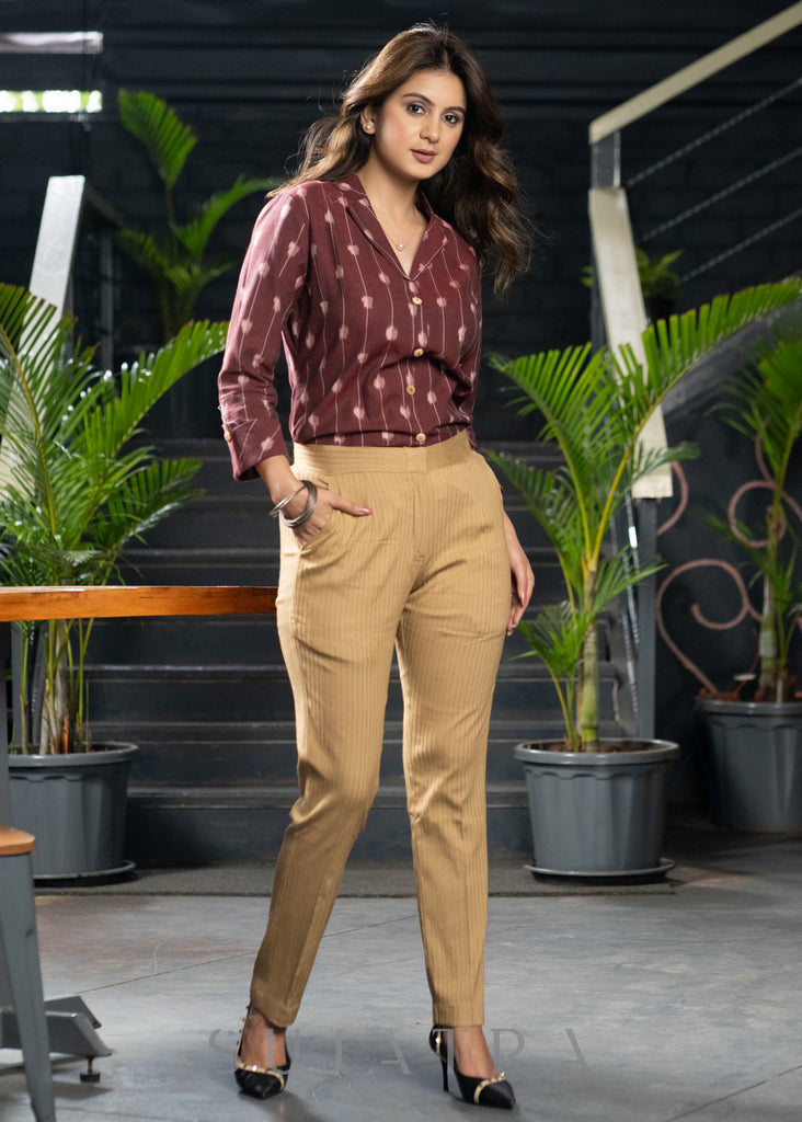 Trendy Beige Pintucks Stretchable Narrow Fit Trouser Maroon Ikat Shirt Optional