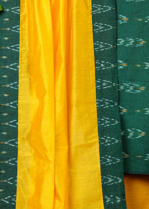 Smart Cotton Green Ikat Suit Set with Contrast Bottom and Chanderi Dupatta