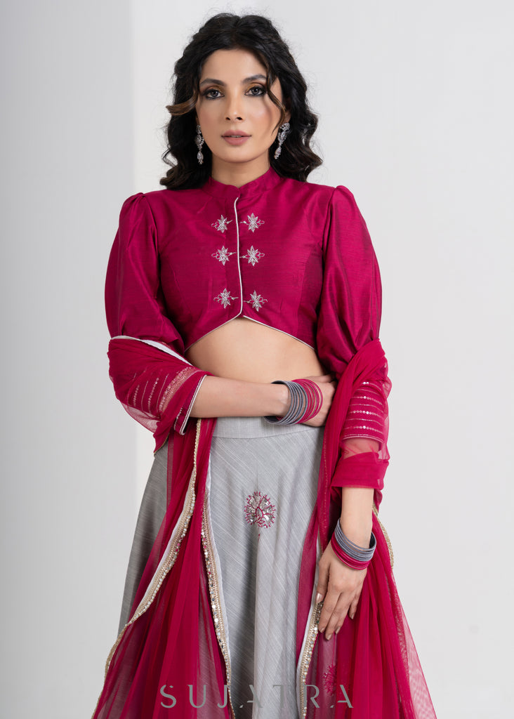 Stylish Grey Cotton Silk Lehenga with Magenta Cototn Silk Blouse & Net Dupatta