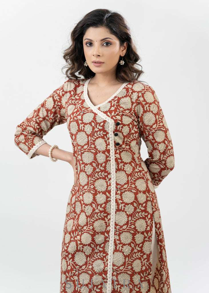 Trendy Block Printed Cotton Kurta With Laces - Pant Optional