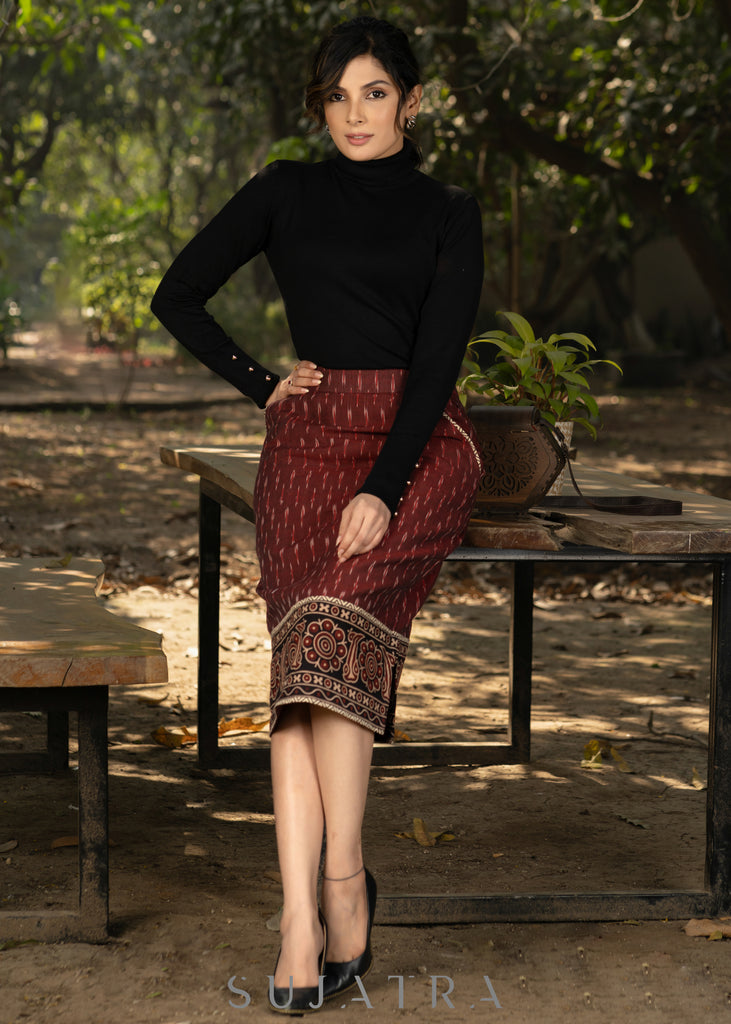 Stlyish maroon ikat fitted skirt with beautiful ajrakh combination