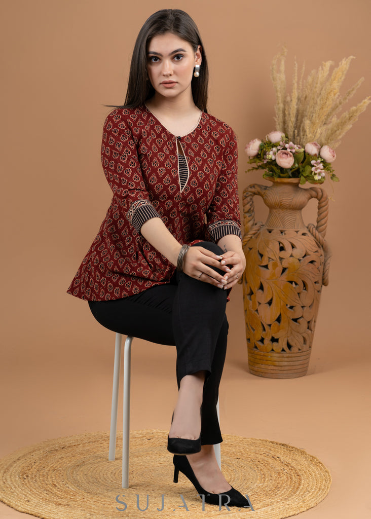 Maroon cotton Ajrakh combination top