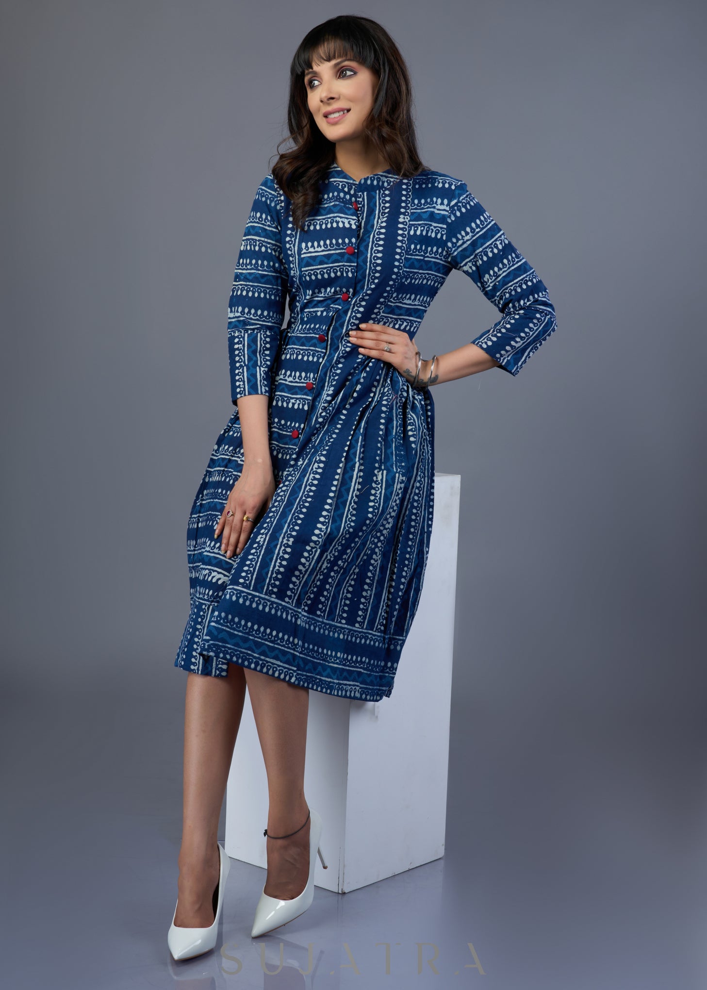 Smart Striped Cotton Indigo Dress – Sujatra