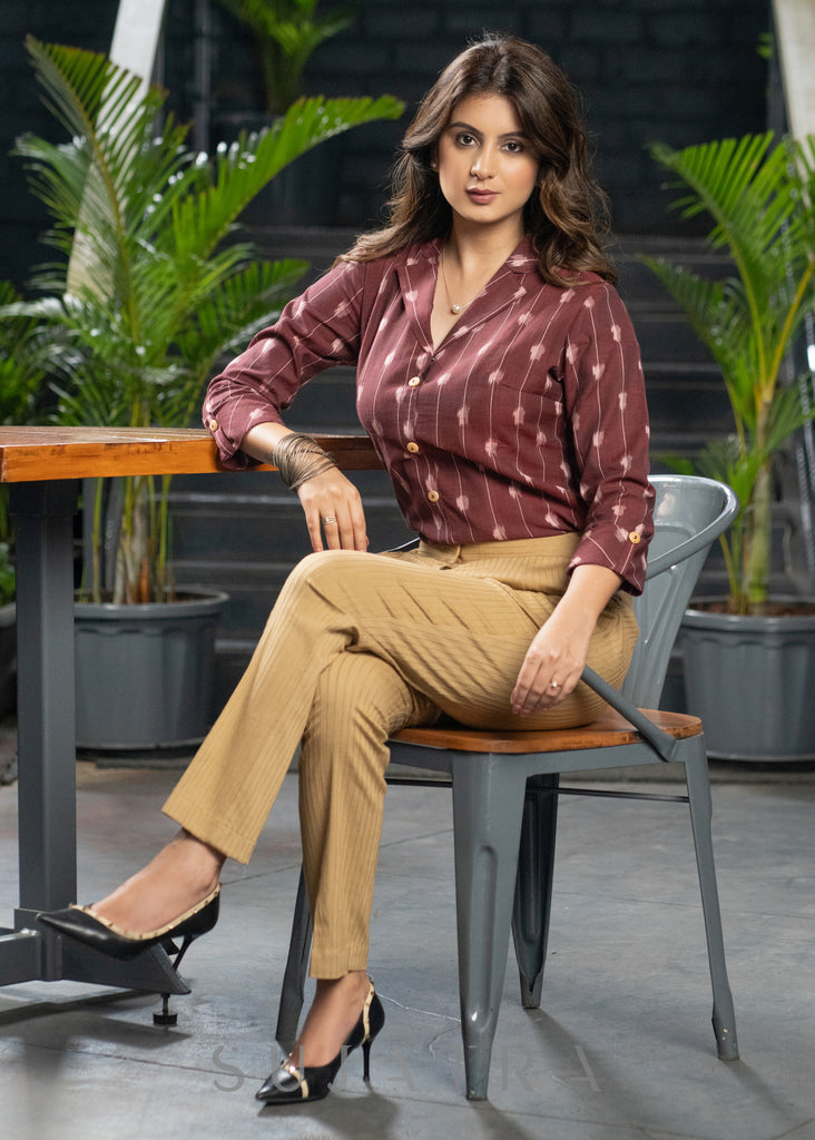 Trendy Beige Pintucks Stretchable Narrow Fit Trouser Maroon Ikat Shirt Optional
