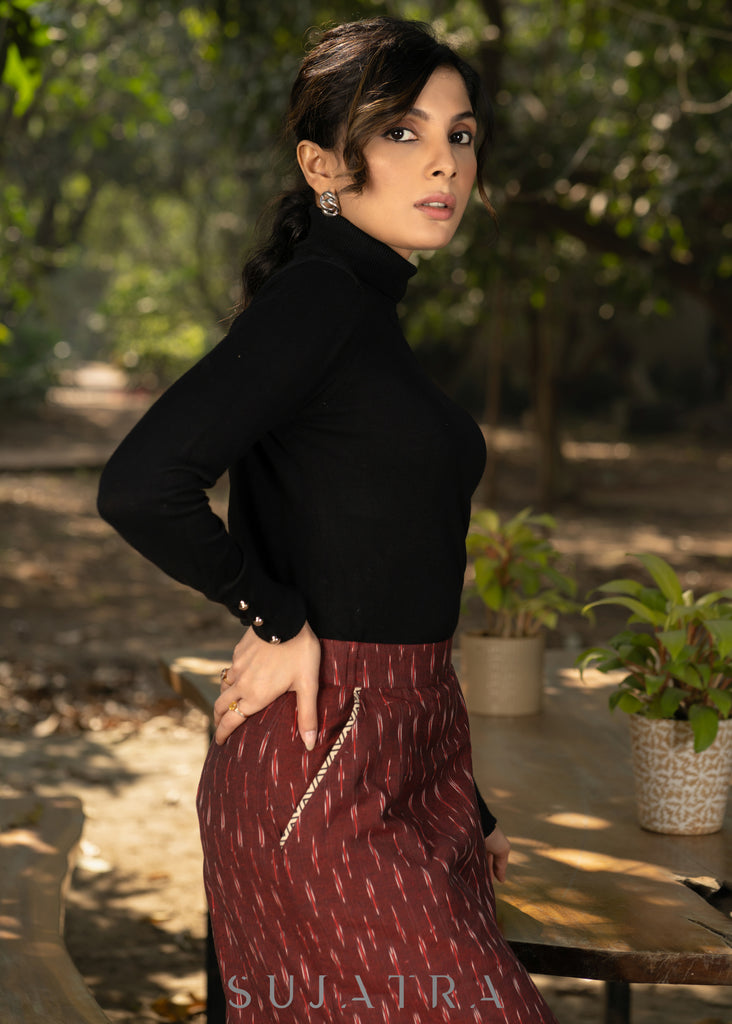 Stlyish maroon ikat fitted skirt with beautiful ajrakh combination