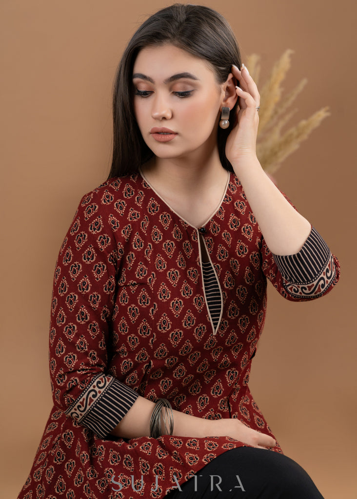 Maroon cotton Ajrakh combination top