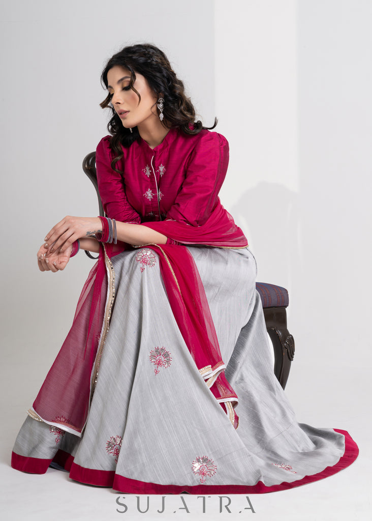 Stylish Grey Cotton Silk Lehenga with Magenta Cototn Silk Blouse & Net Dupatta