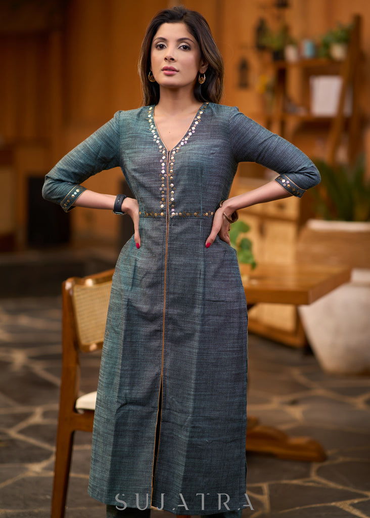 Exclusive dark teal cotton kurta with gold sequence work on yoke Pant optional