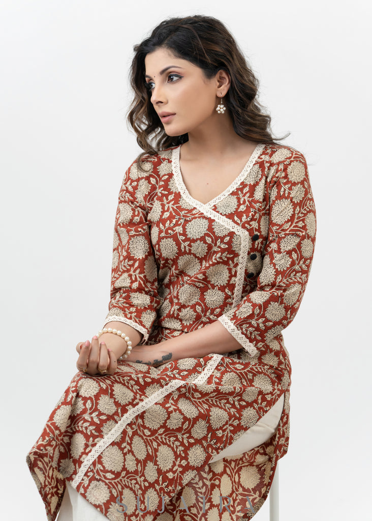 Trendy Block Printed Cotton Kurta With Laces - Pant Optional