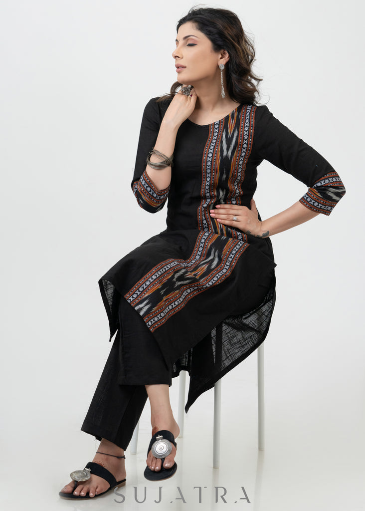 Simple Black Cotton Kurta With Multicolour Ikat Highlight - Palazzo Optional