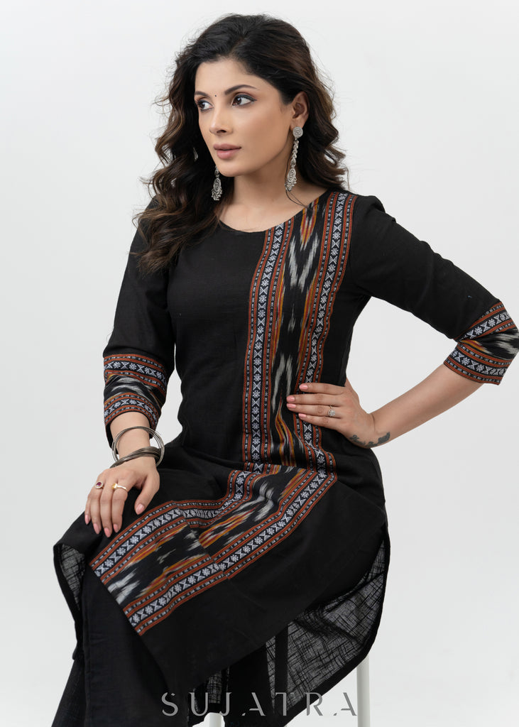 Simple Black Cotton Kurta With Multicolour Ikat Highlight - Palazzo Optional