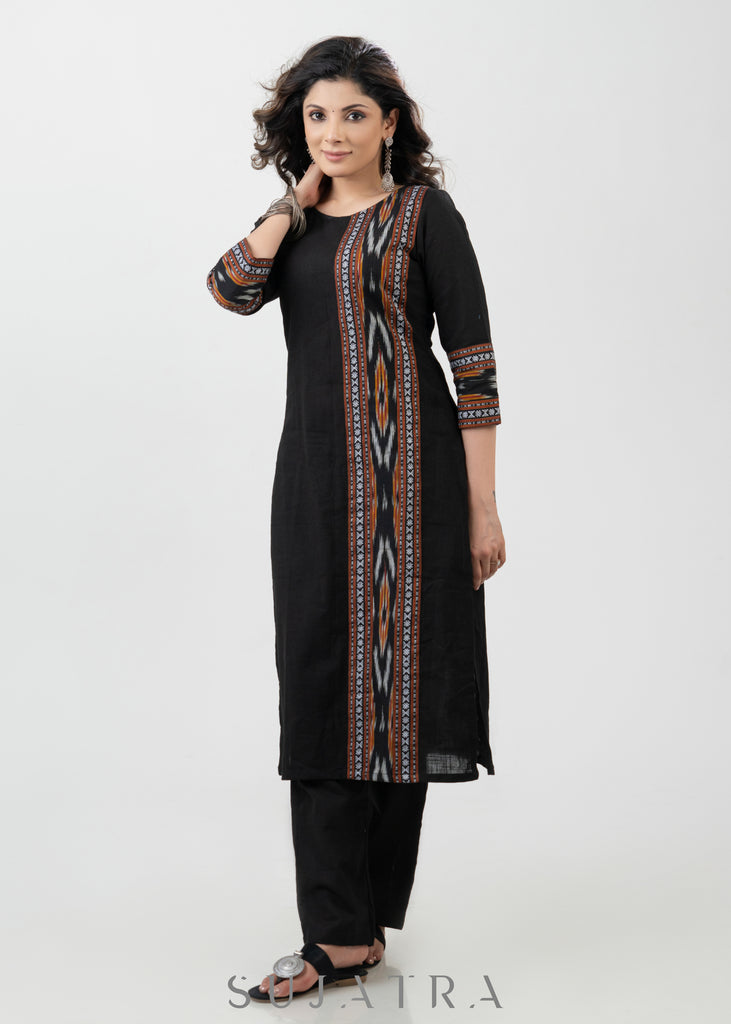 Simple Black Cotton Kurta With Multicolour Ikat Highlight - Palazzo Optional