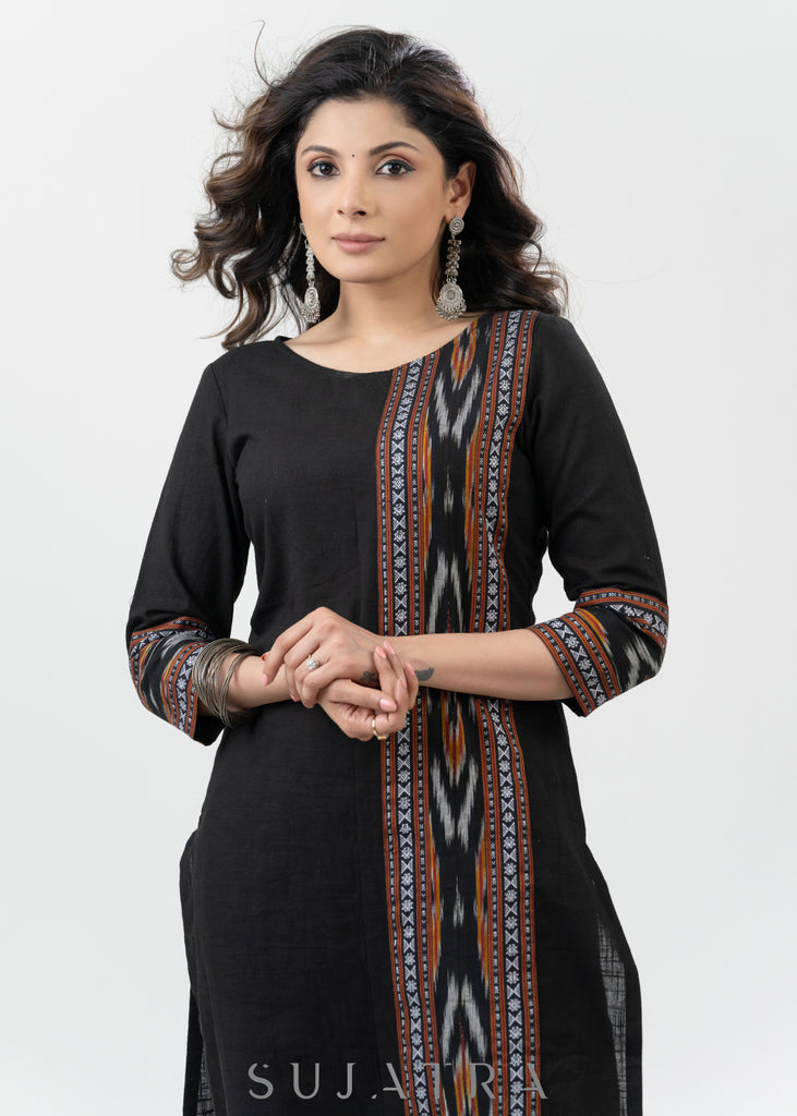 Simple Black Cotton Kurta With Multicolour Ikat Highlight - Palazzo Optional