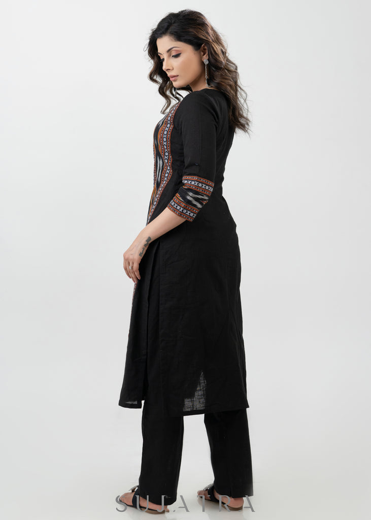 Simple Black Cotton Kurta With Multicolour Ikat Highlight - Palazzo Optional