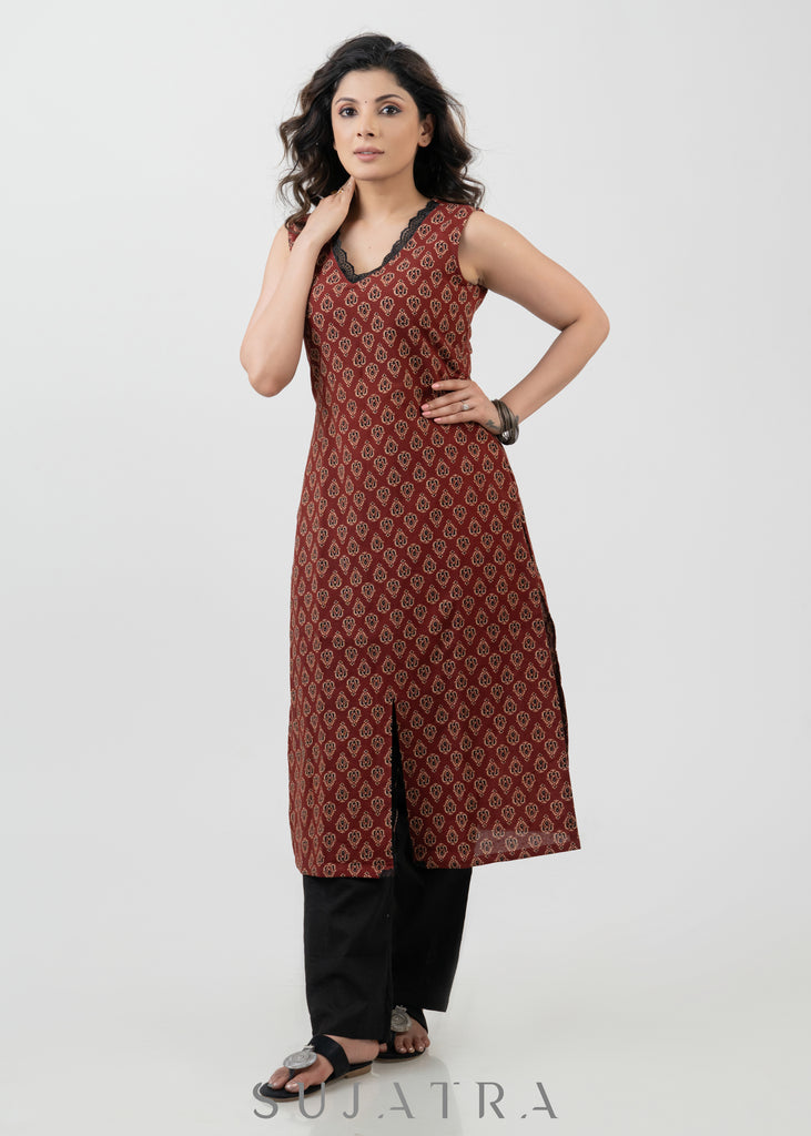 Trendy Maroon Cotton Ajrakh Sleeveless Kurta - Pant Optional