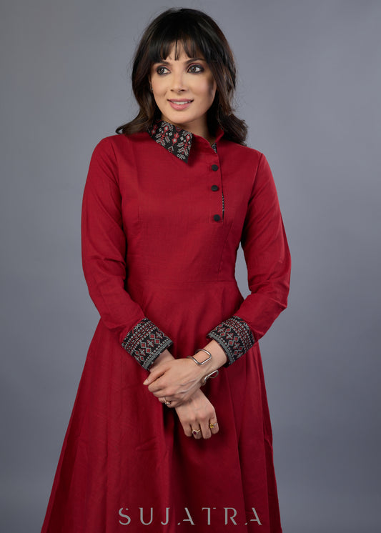 Stylish Maroon Cotton Collared Dress