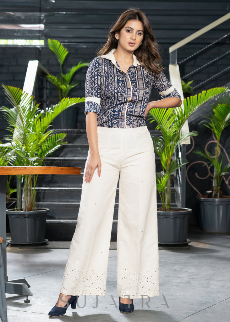 Exclusive Off White Ethnic Flared Pants Navy Blue Printed Shirt Optional