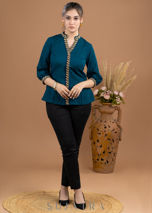 Trendy Teal Cotton embroidered Lace top