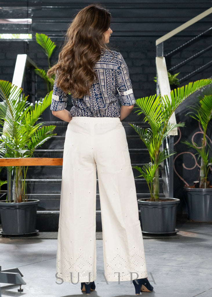 Exclusive Off White Ethnic Flared Pants Navy Blue Printed Shirt Optional