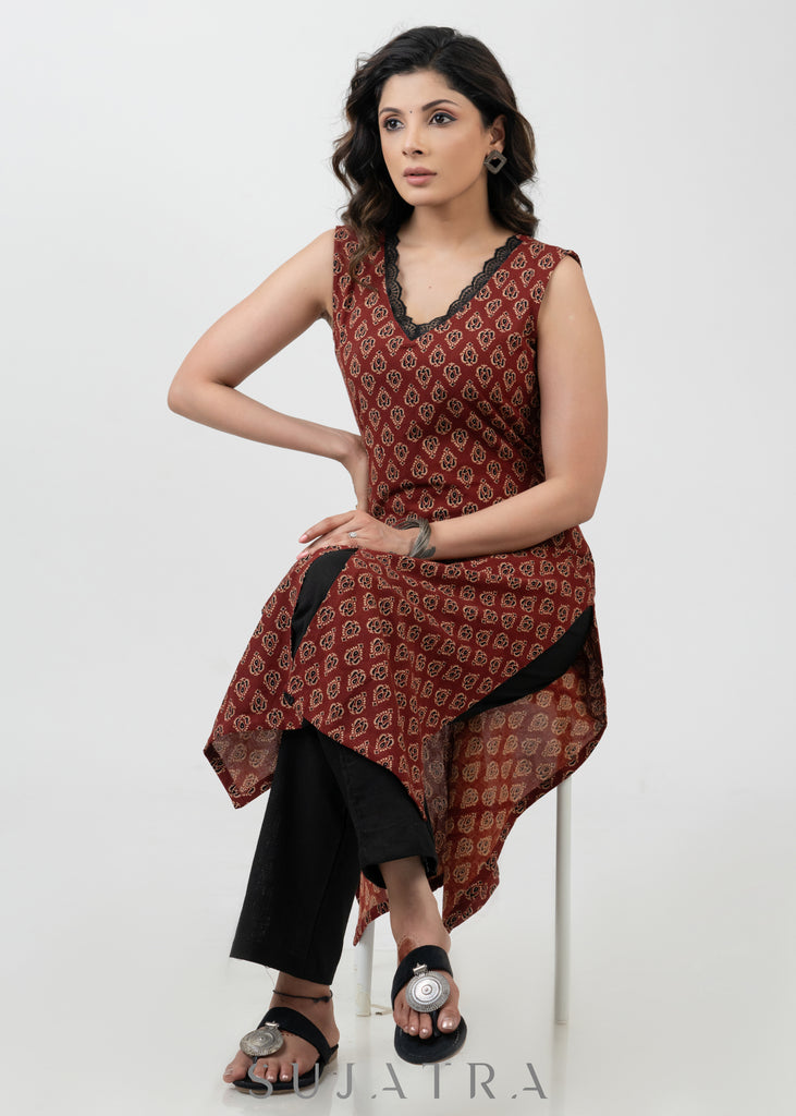Trendy Maroon Cotton Ajrakh Sleeveless Kurta - Pant Optional