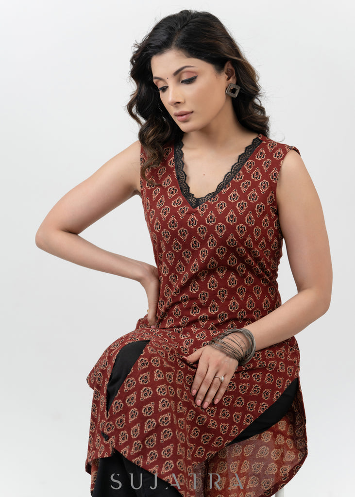 Trendy Maroon Cotton Ajrakh Sleeveless Kurta - Pant Optional
