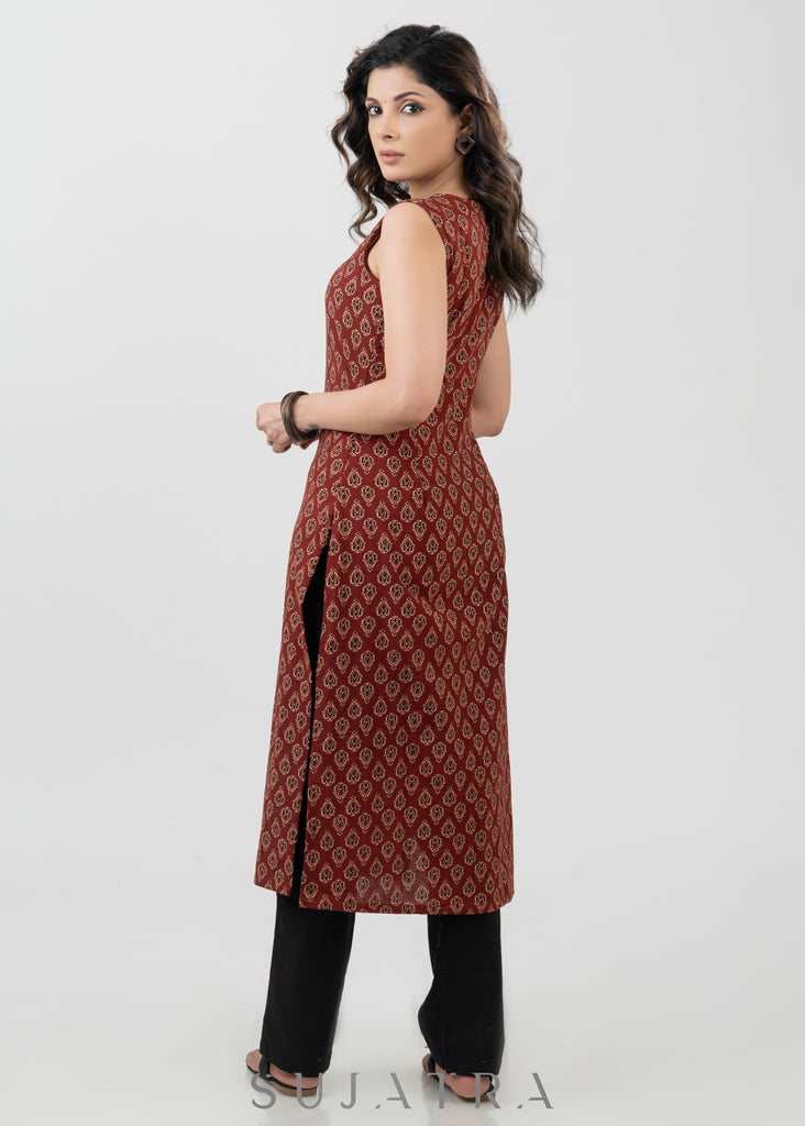 Trendy Maroon Cotton Ajrakh Sleeveless Kurta - Pant Optional