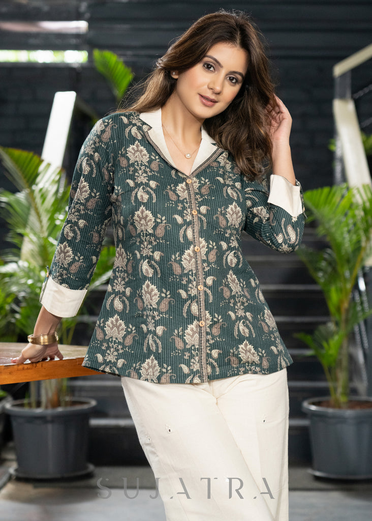 Smart Bottle Green Kantha Shirt with Cream Collar & Wooden Buttons