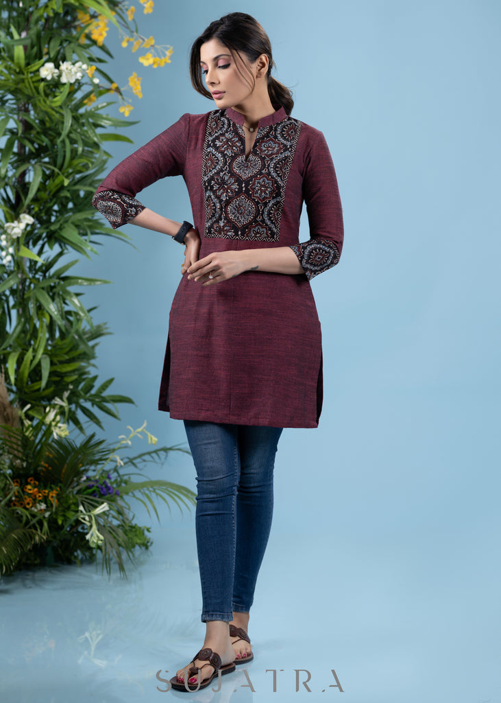 Elegant wine cotton tunic with ajrakh combination yoke