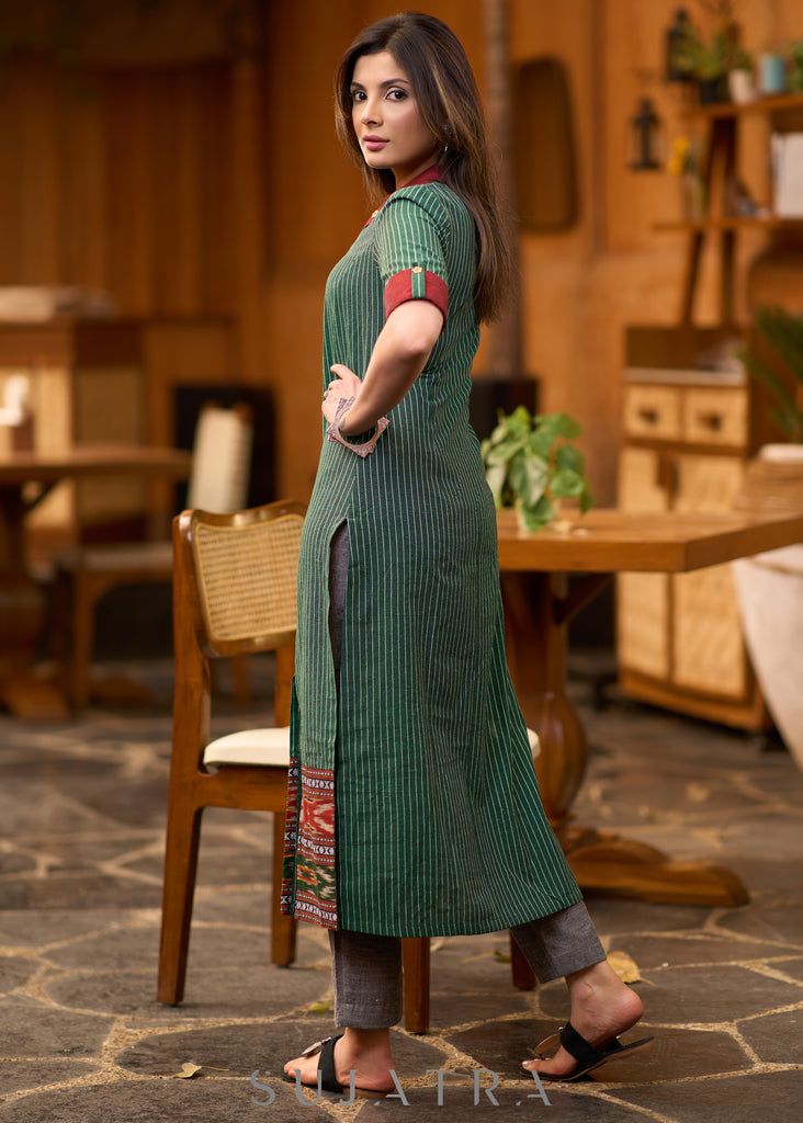 Classy green striped kurta with ikat border Pant optional