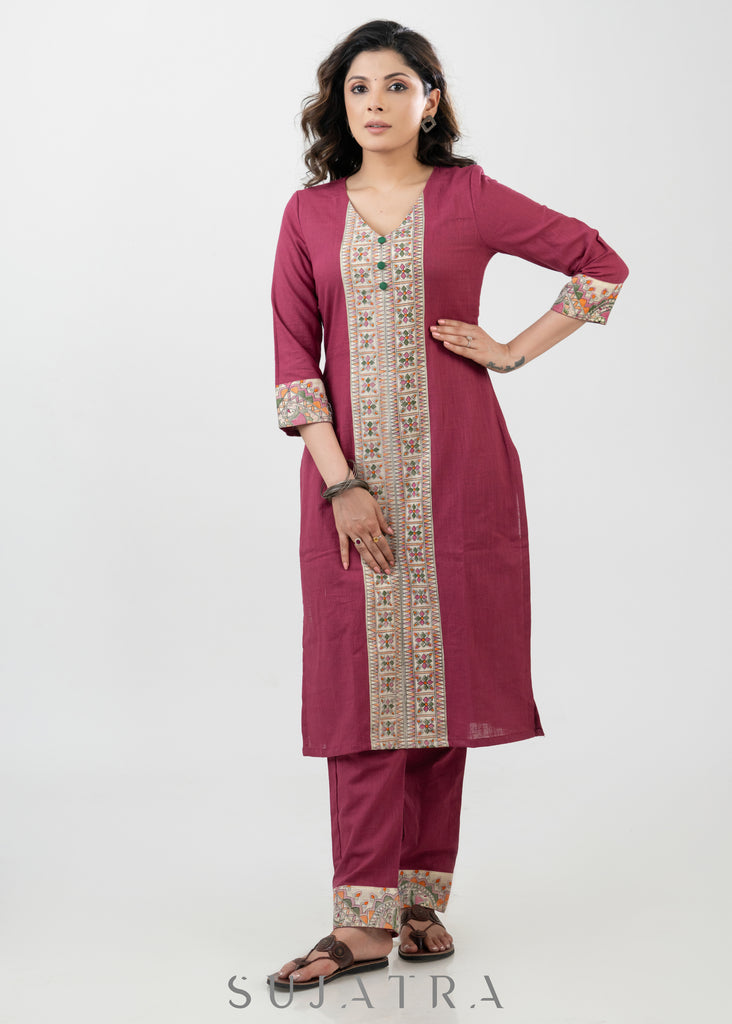 Unique Magenta Cotton Madhubani Print Kurta - Pant Optional