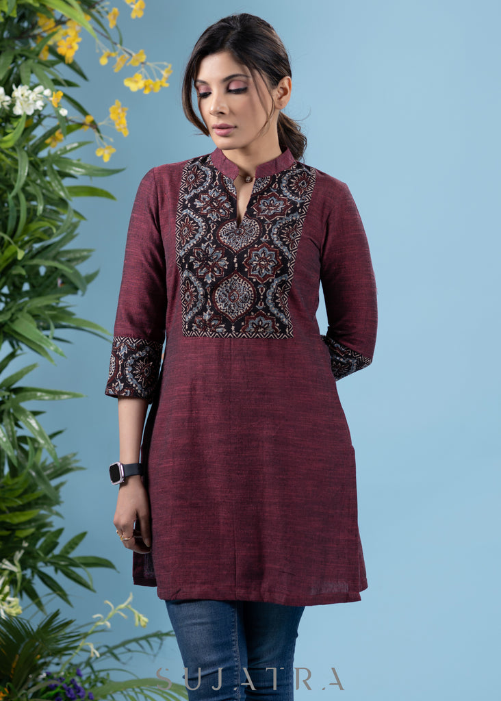 Elegant wine cotton tunic with ajrakh combination yoke