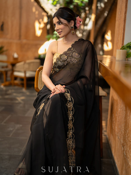 Classy Black Organza Saree With Overall Exquisite Floral Embroidery