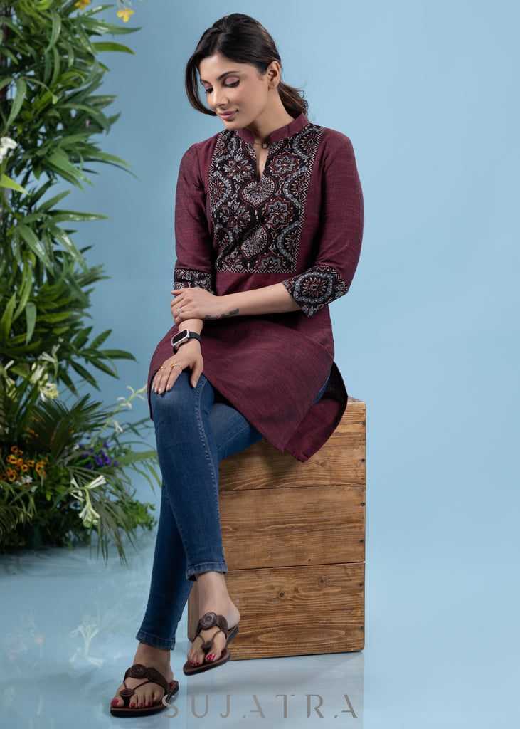 Elegant wine cotton tunic with ajrakh combination yoke