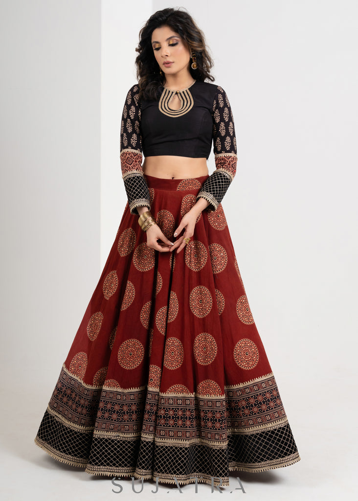 Designer Maroon Ajrakh cotton Lehenga with Black Embroidered blouse & gerogette dupatta