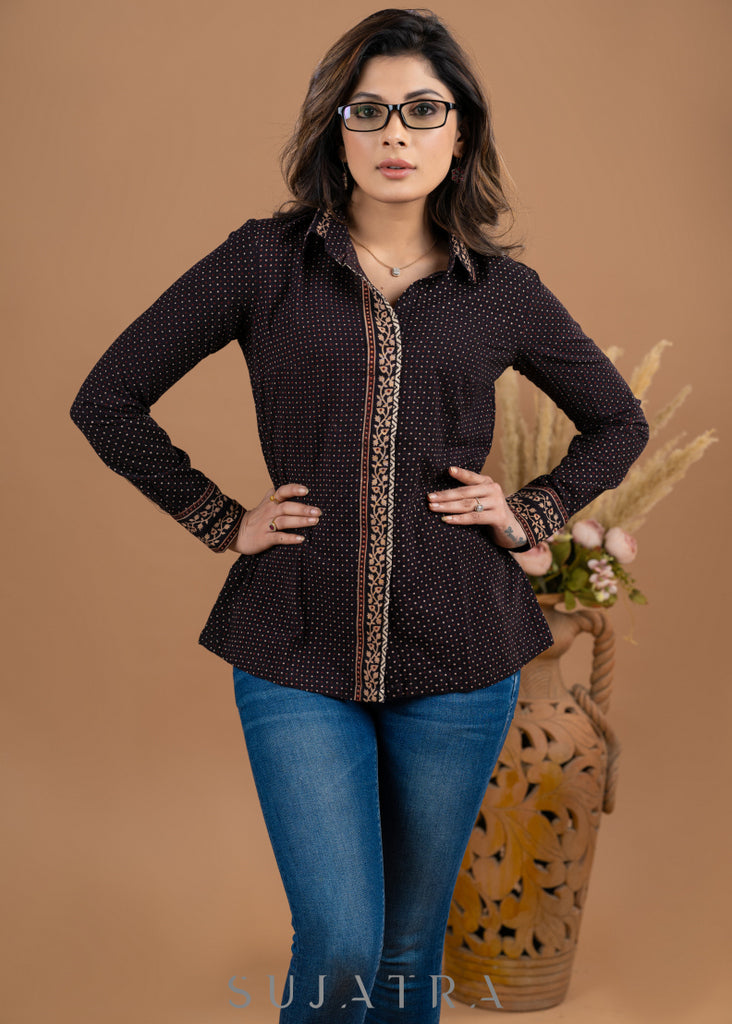 Elegant black cotton casual shirt with Ajrakh combination