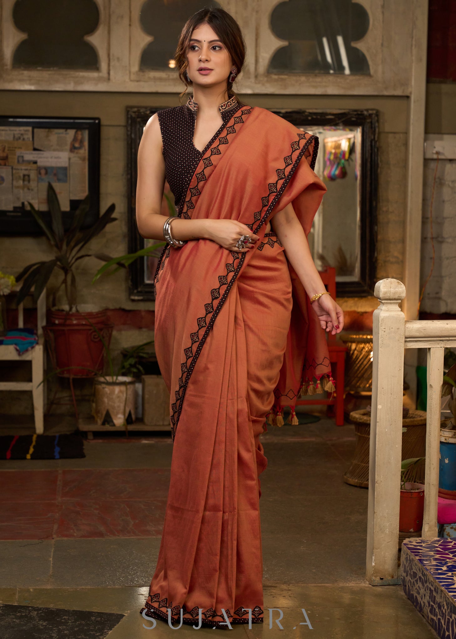plain poth saree Graceful rust cotton plain saree highlighted with overall ajrakh appli – Sujatra