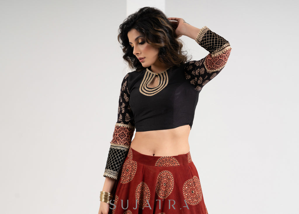 Designer Maroon Ajrakh cotton Lehenga with Black Embroidered blouse & gerogette dupatta