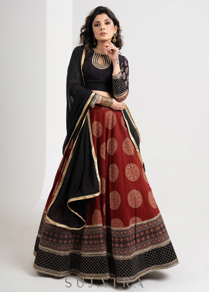 Designer Maroon Ajrakh cotton Lehenga with Black Embroidered blouse & gerogette dupatta