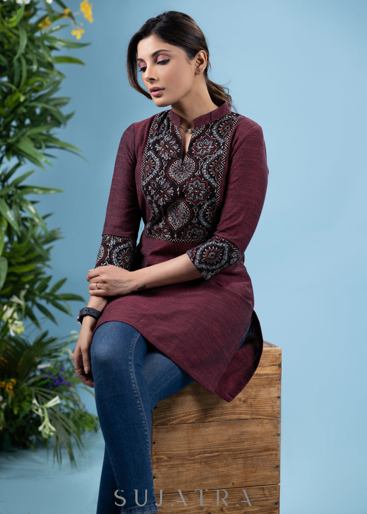 Elegant wine cotton tunic with ajrakh combination yoke