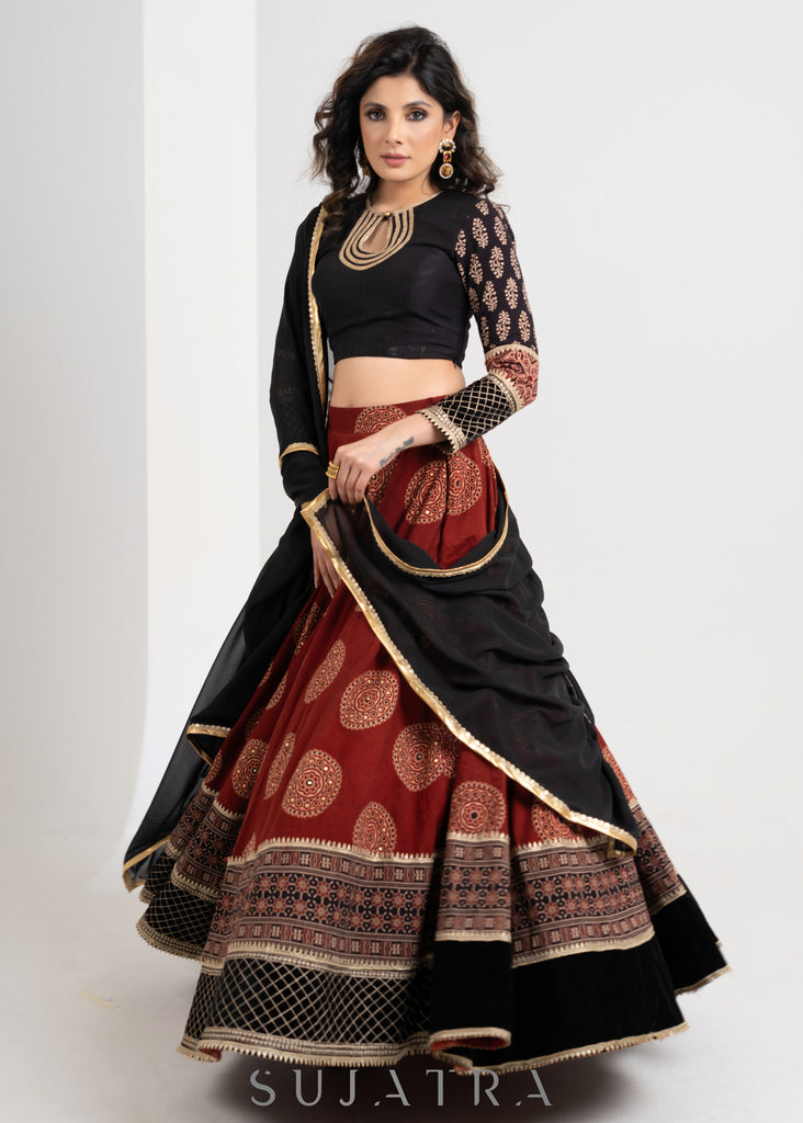 Designer Maroon Ajrakh cotton Lehenga with Black Embroidered blouse & gerogette dupatta