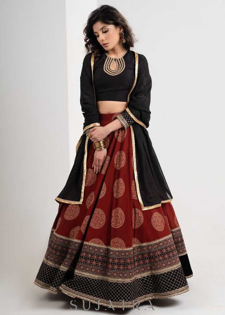 Designer Maroon Ajrakh cotton Lehenga with Black Embroidered blouse & gerogette dupatta