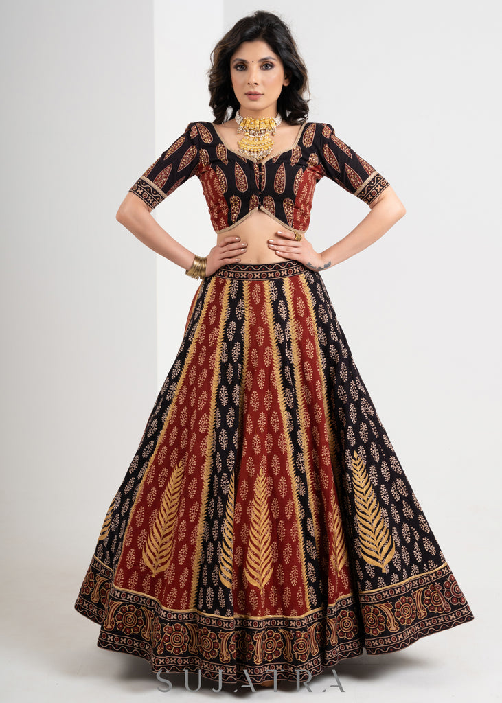 Black & Maroon  Block printed Cotton Ajrakh Embroidered Lehenga with Georgette Dupatta