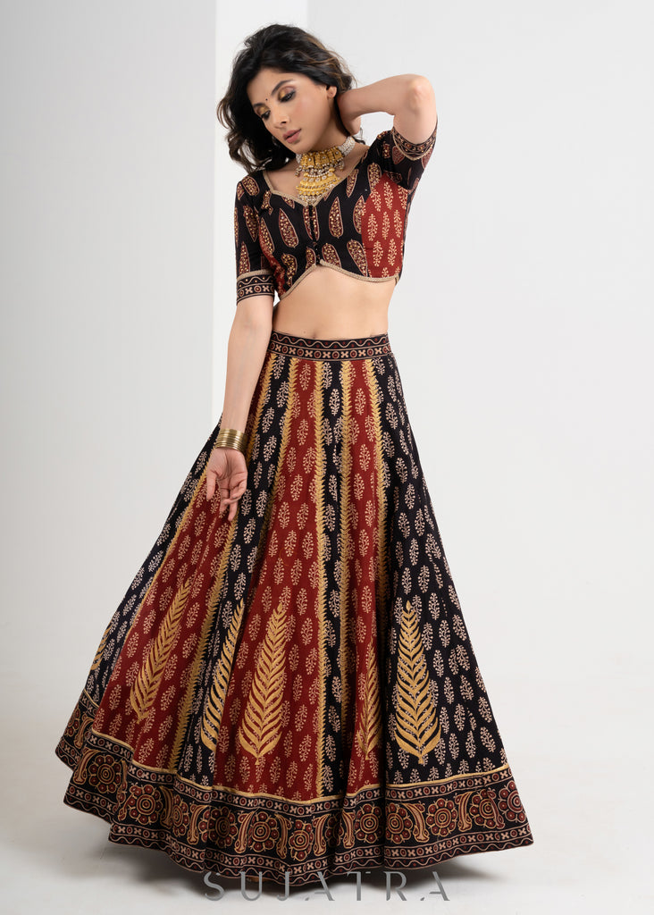 Black & Maroon  Block printed Cotton Ajrakh Embroidered Lehenga with Georgette Dupatta