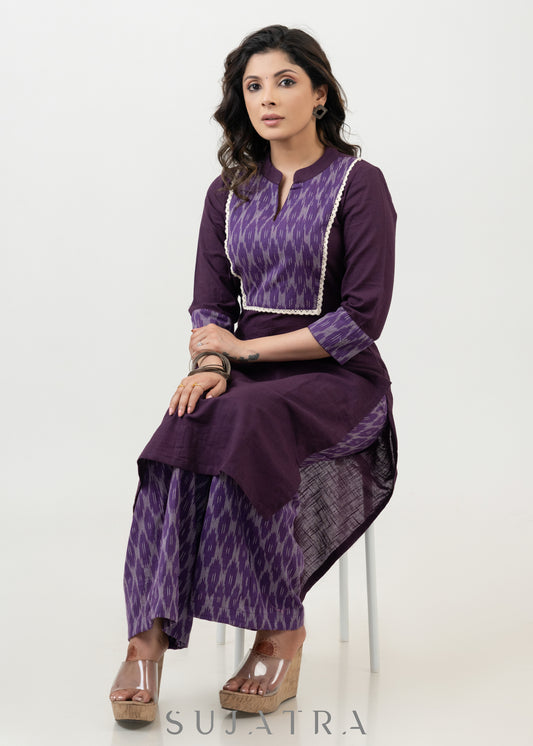 Purple Cotton Ikkat Yoke Kurta - Pant Optional