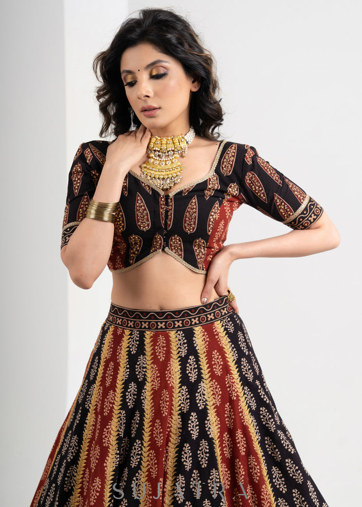 Black & Maroon  Block printed Cotton Ajrakh Embroidered Lehenga with Georgette Dupatta